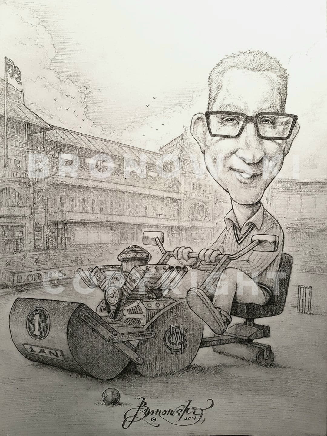 The groundsman's V8 — Lord's Cricket Ground, pencil on paper by Nick Bronowski